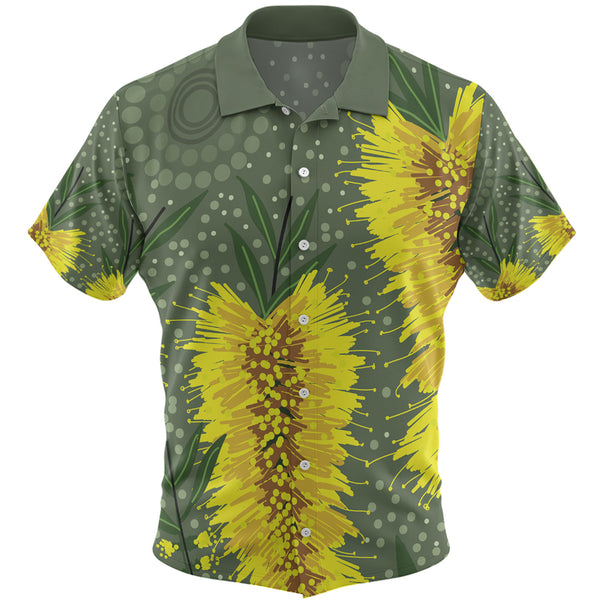 Aboriginal Art Yellow Bottle Brush Flora Hawaiian Shirt