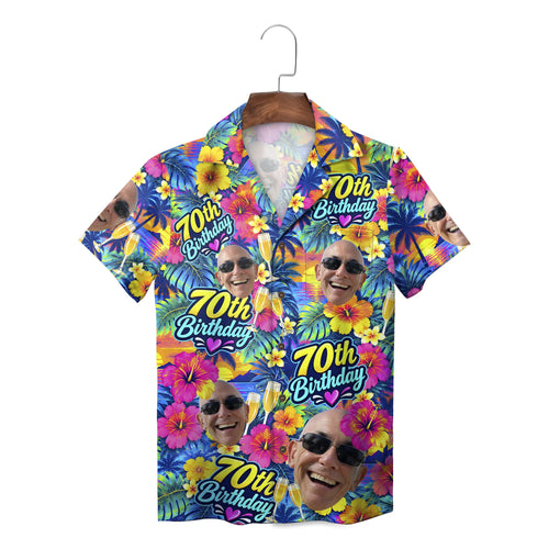 70th Birthday Face Photo Blue Custom Hawaiian Shirt