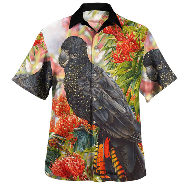 Red Tailed Black Cockatoo with Waratah Hawaiian Shirt Art