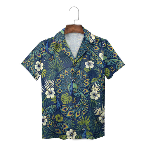 Peacock and Monstera Navy Blue Custom Hawaiian Shirt