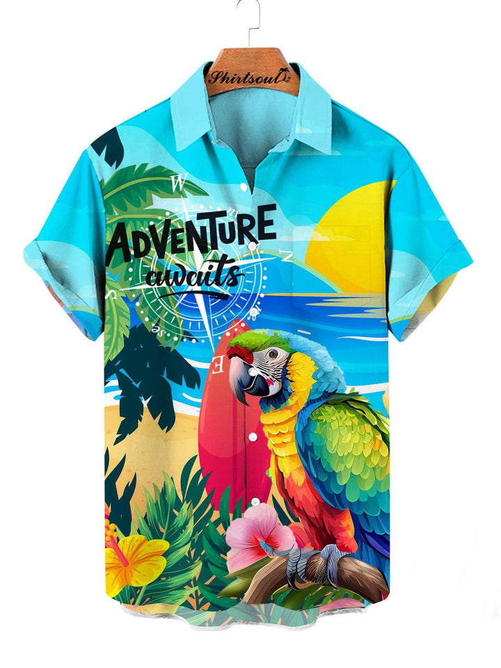 Adventure Awaits Parrot Hawaiian Short Sleeve Shirt Front