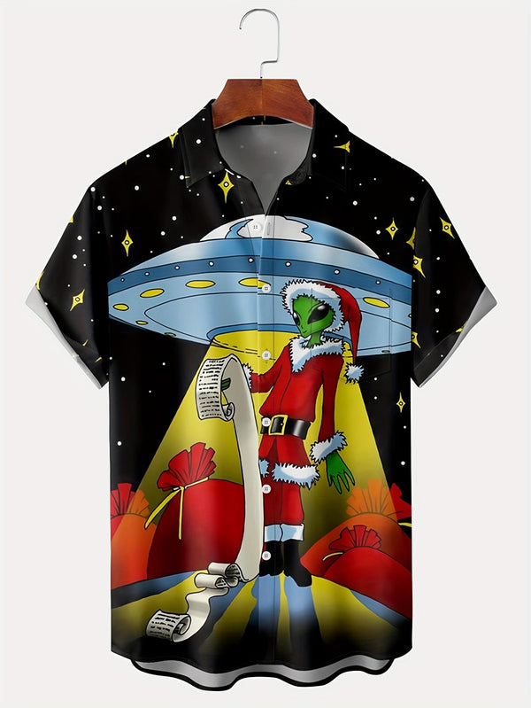 Alien Santa Call Hawaiian Short Sleeve Shirt  Front