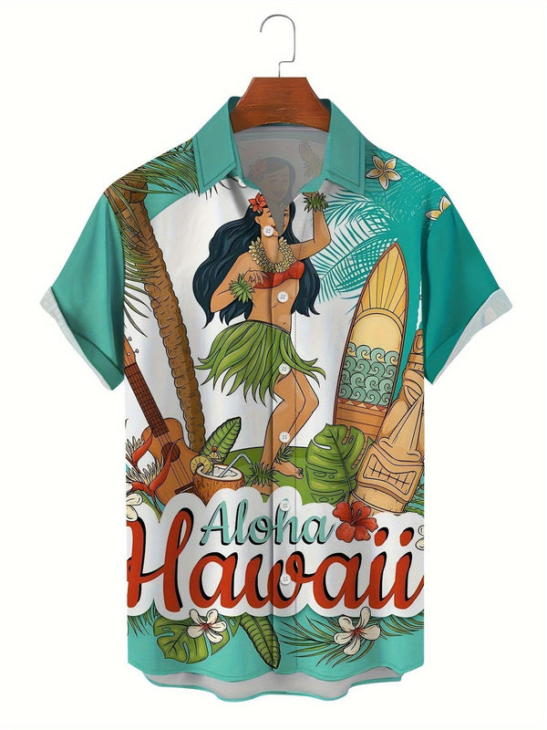 Aloha Hawaii Hula Dancer Tropical Tiki Short Sleeve Hawaiian Shirt  Front