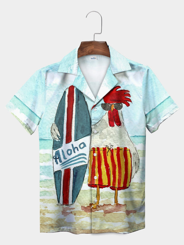 Blue Aloha Rooster Surfer Hawaiian Shirt