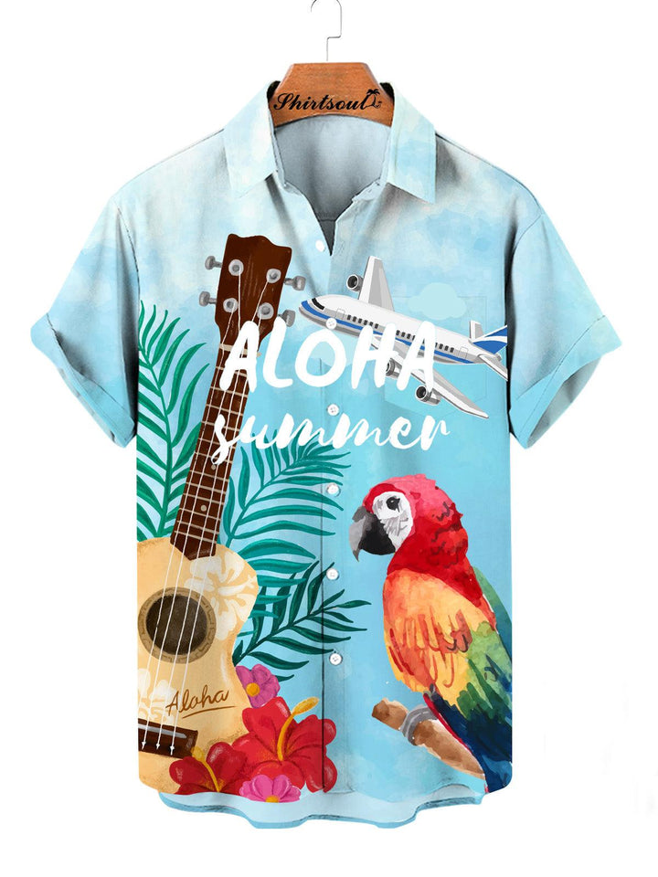 Aloha Summer Ukulele Hawaiian Short Sleeve Shirt Front