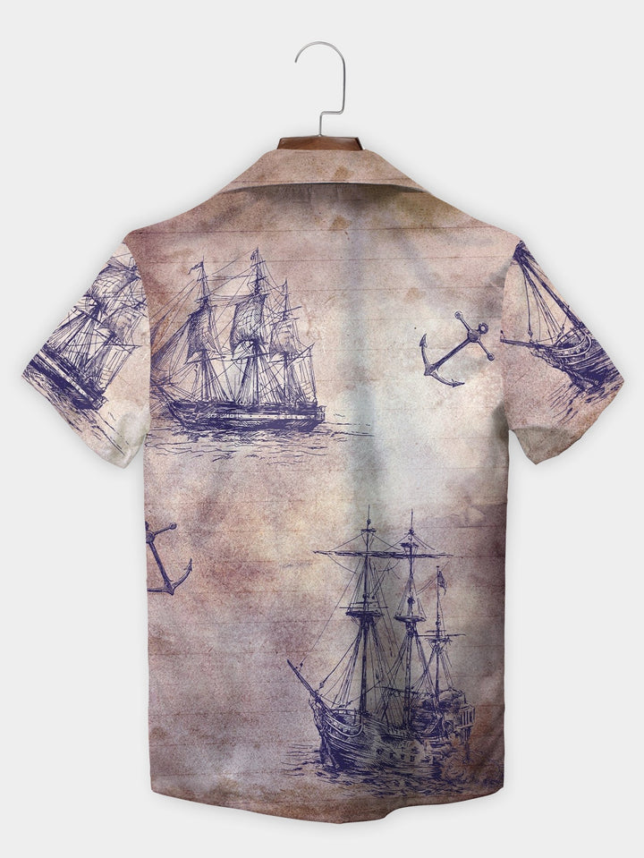 Antique Gray Nautical Sketches Pirate Boat Short Sleeve Hawaiian Shirt  Back