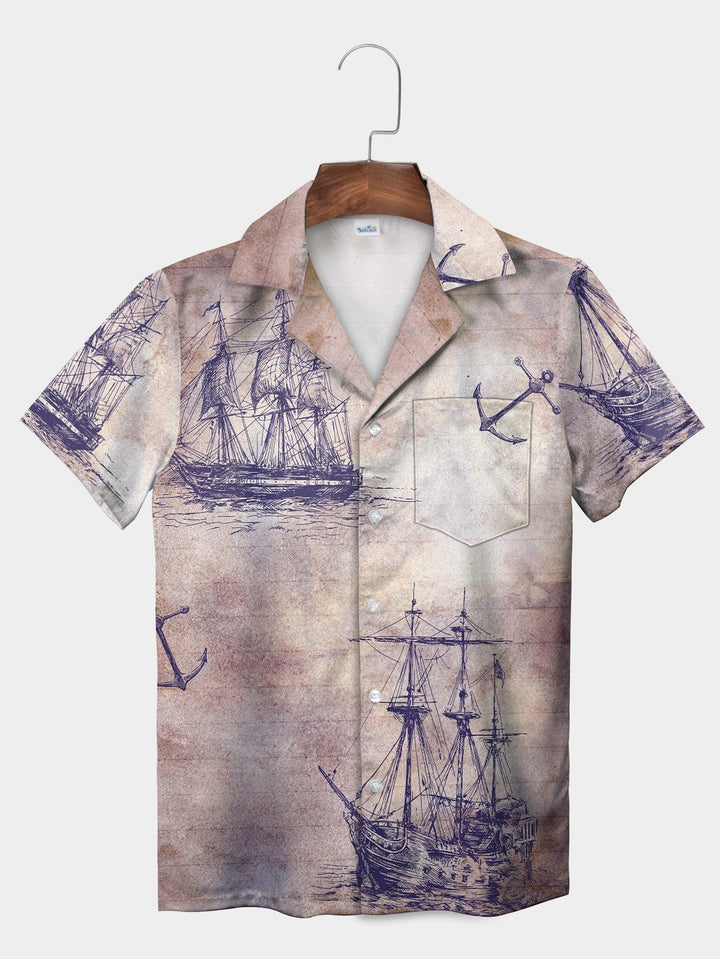 Antique Gray Nautical Sketches Pirate Boat Short Sleeve Hawaiian Shirt  Front