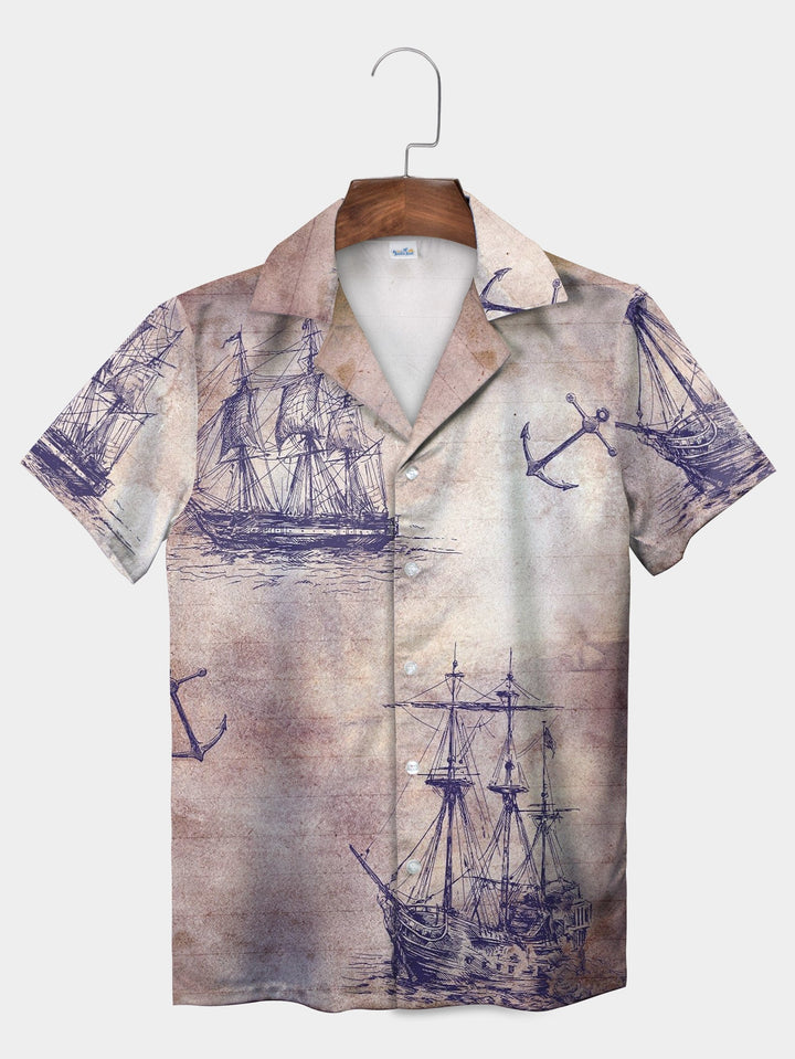 Antique Gray Nautical Sketches Pirate Boat Short Sleeve Hawaiian Shirt  Pocket