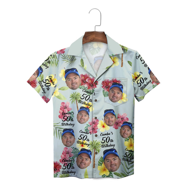 Photo Face and Hibiscus Mint Green Custom Hawaiian Shirt