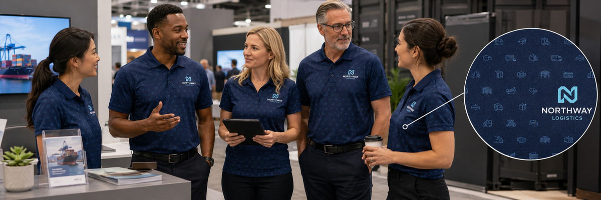 Diverse corporate team wearing matching navy custom polo shirts with an embroidered logo at a trade show – The Hula Hut