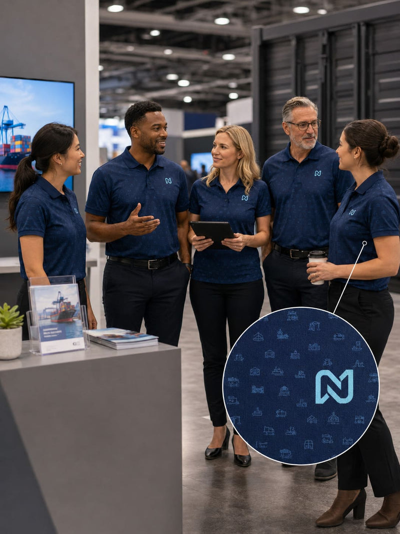 Team in matching navy custom logo polo shirts at a company event – The Hula Hut