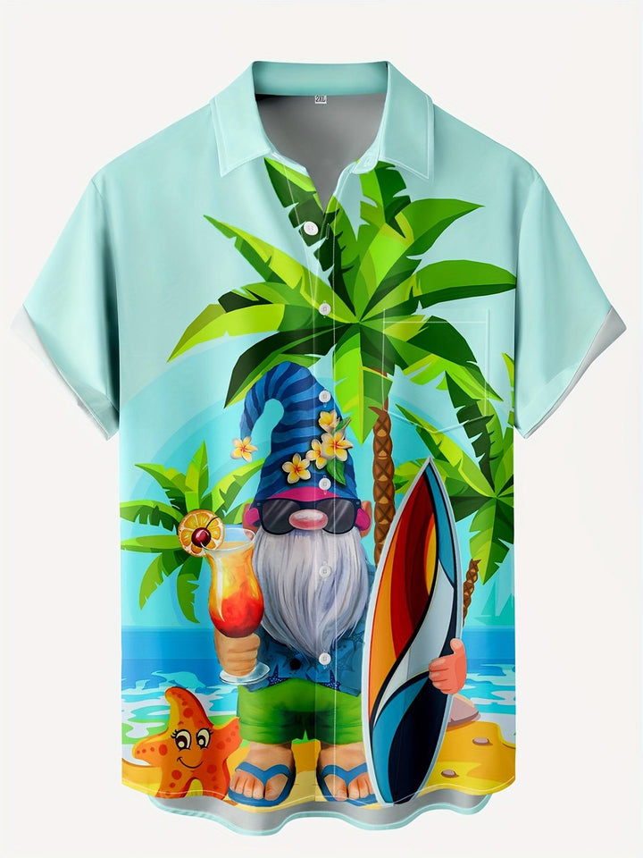 Beach Gnome Holding Cocktail And Surfboard Under Palm Trees Tropical Theme Short Sleeve Hawaiian Shirt  Front