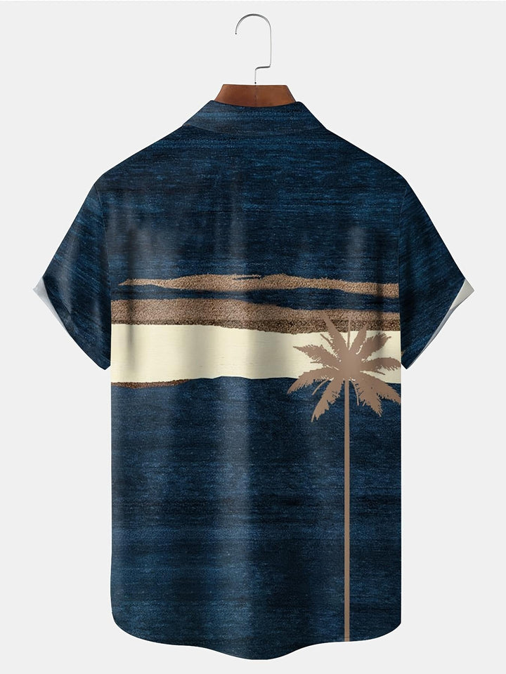 Beach Sunset Scene With Coconut Tree Tropical Design Casual Short Sleeve Hawaiian Shirt  Back