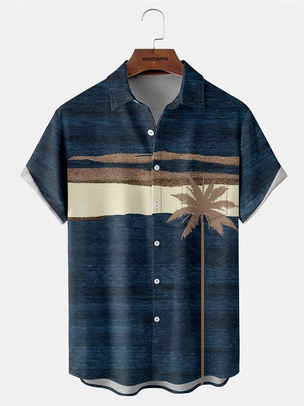 Beach Sunset Scene With Coconut Tree Tropical Design Casual Short Sleeve Hawaiian Shirt  Front