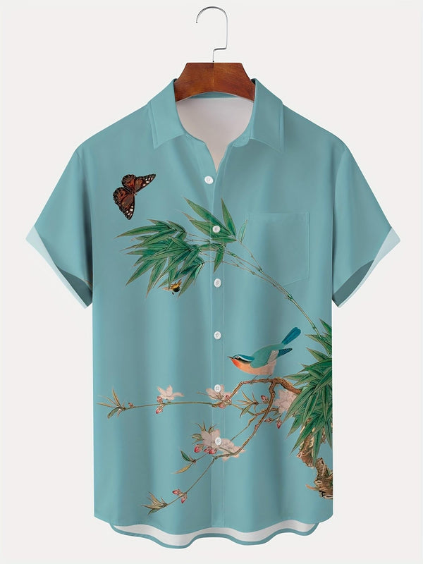 Bird and Butterfly Tropical Hawaiian Short Sleeve Shirt  Front