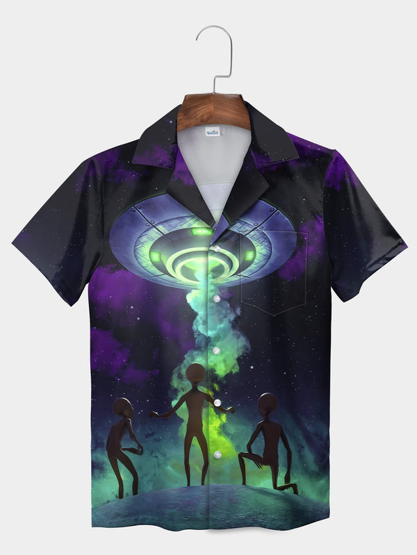 Black Alien Abduction Neon Glow Scene Short Sleeve Hawaiian Shirt  Front