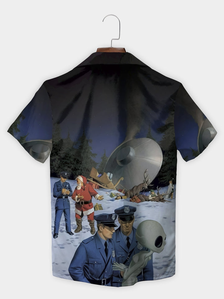 Black Alien Christmas Encounter Scene Short Sleeve Hawaiian Shirt  Back