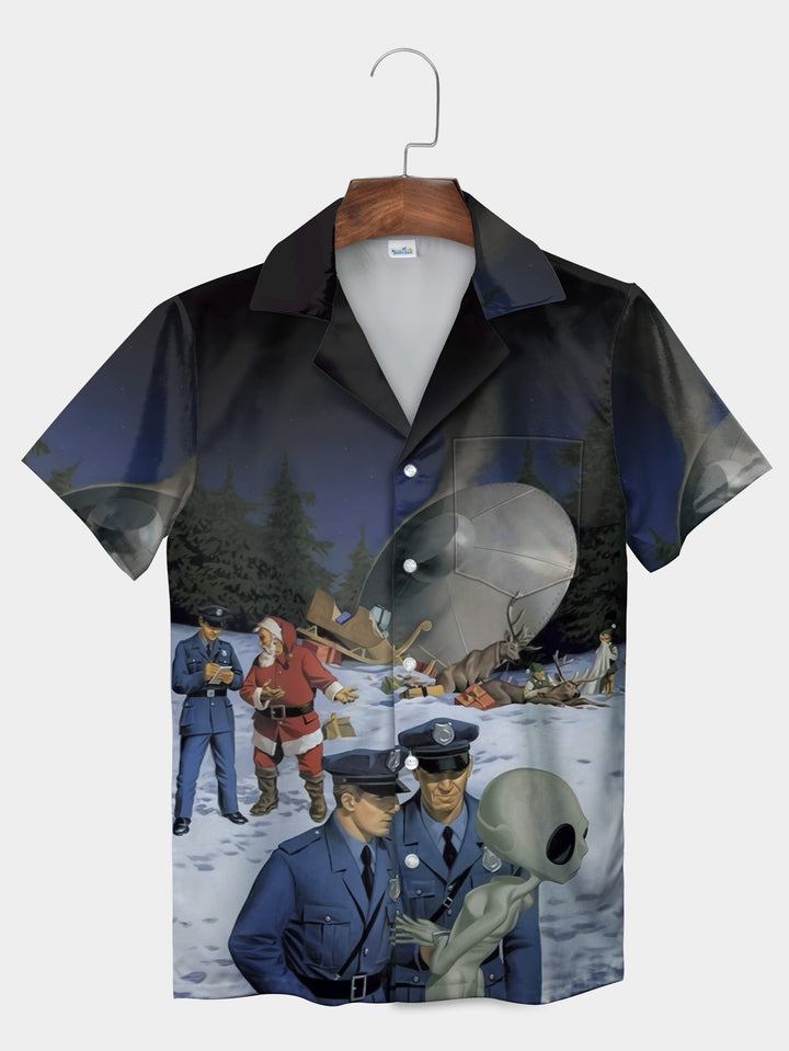 Black Alien Christmas Encounter Scene Short Sleeve Hawaiian Shirt  Front