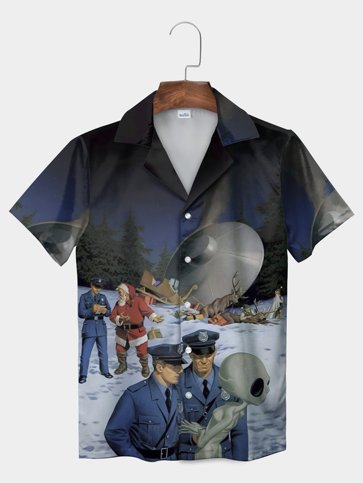 Black Alien Christmas Encounter Scene Short Sleeve Hawaiian Shirt  Pocket