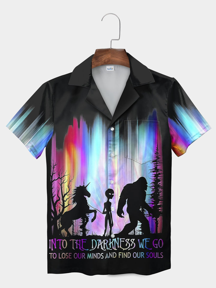 Black Bigfoot Alien Unicorn Aurora Vibes Short Sleeve Hawaiian Shirt  Pocket