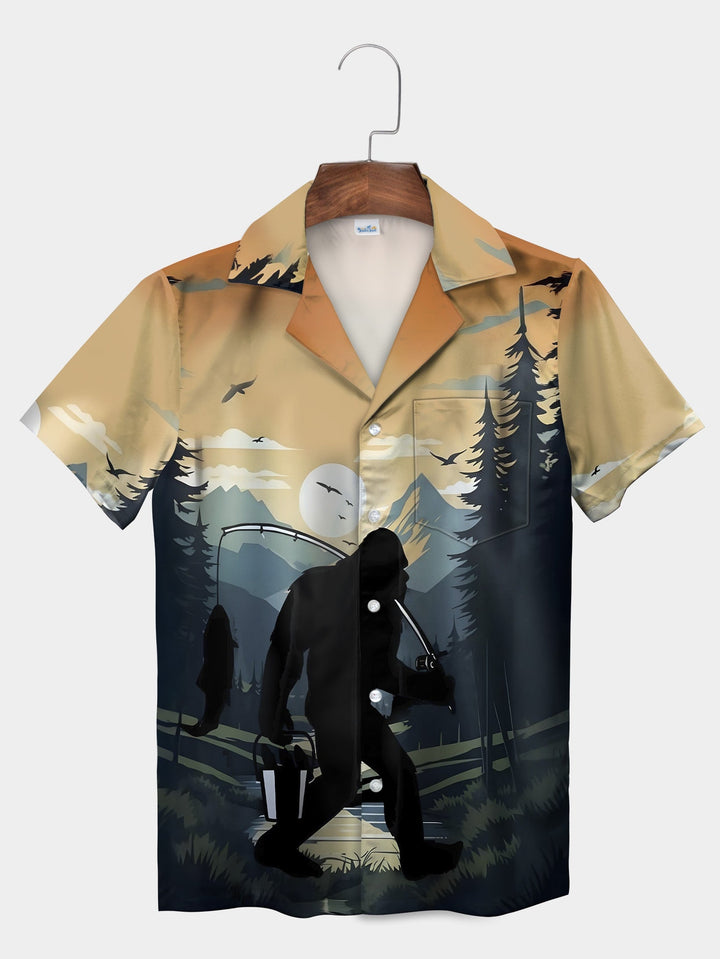 Black Bigfoot Mountain Wilderness Fishing Short Sleeve Hawaiian Shirt  Pocket