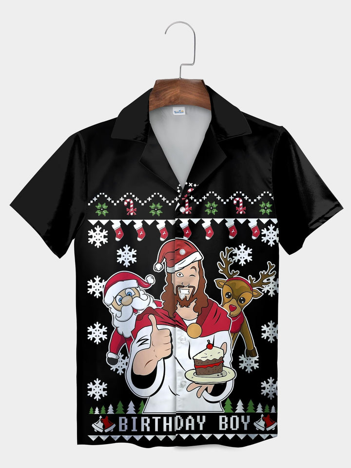 Black Birthday Boy Santa Claus Christmas Short Sleeve Aloha Shirt  Front