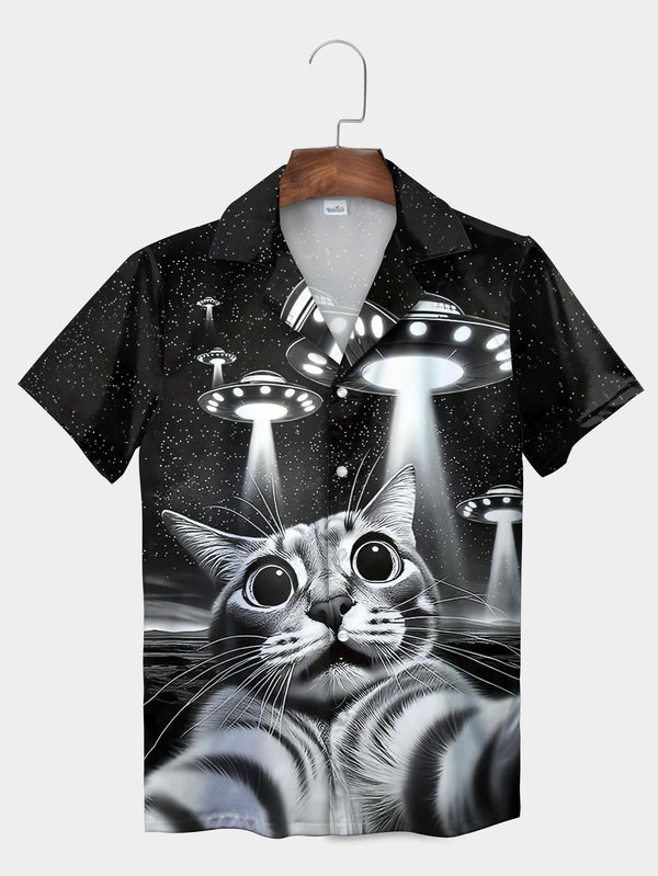 Black Cat Alien Abduction Space Adventure Short Sleeve Aloha Shirt  Front