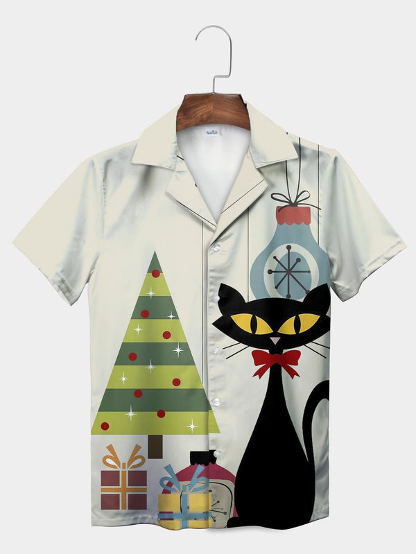 Black Cat Christmas Tree Ornaments Gift Short Sleeve Aloha Shirt  Front