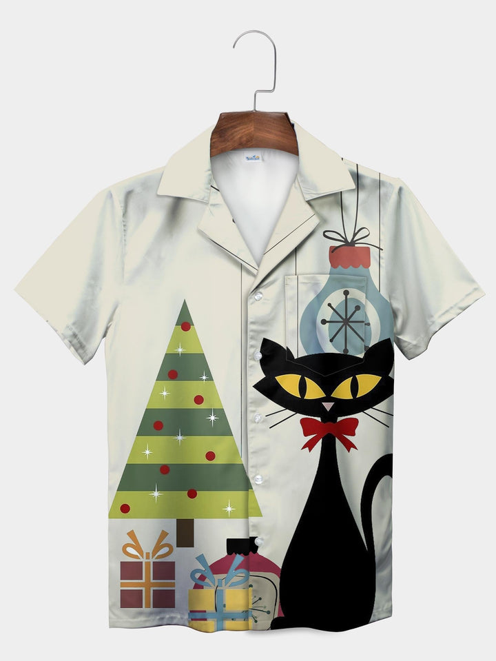 Black Cat Christmas Tree Ornaments Gift Short Sleeve Aloha Shirt  Pocket