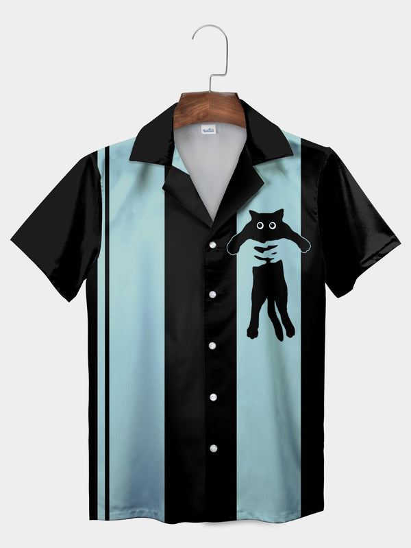 Black Cat Pocket Striped Retro Design Short Sleeve Hawaiian Shirt  Front