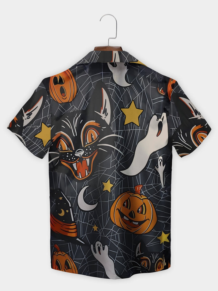 Black Cat Pumpkin Moon Stars Halloween Short Sleeve Hawaiian Shirt  Back