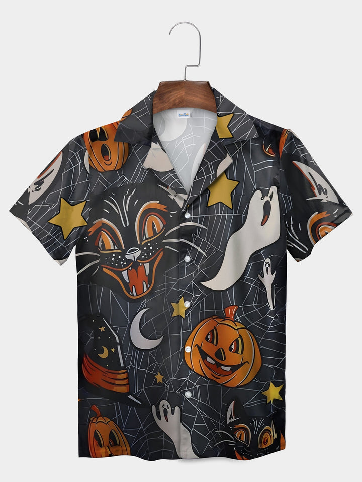 Black Cat Pumpkin Moon Stars Halloween Short Sleeve Hawaiian Shirt  Front