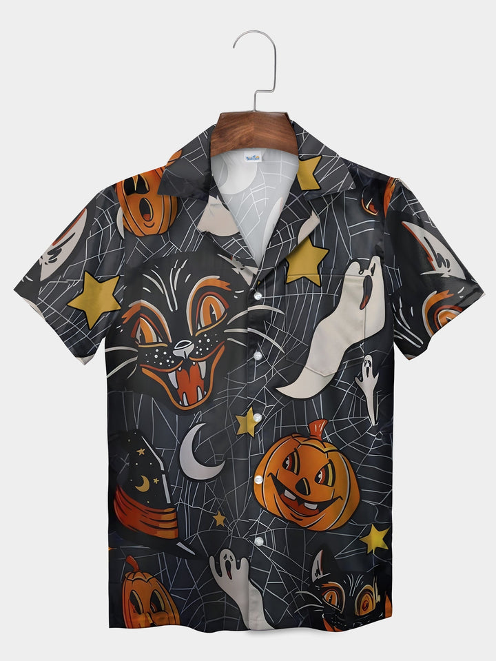 Black Cat Pumpkin Moon Stars Halloween Short Sleeve Hawaiian Shirt  Pocket