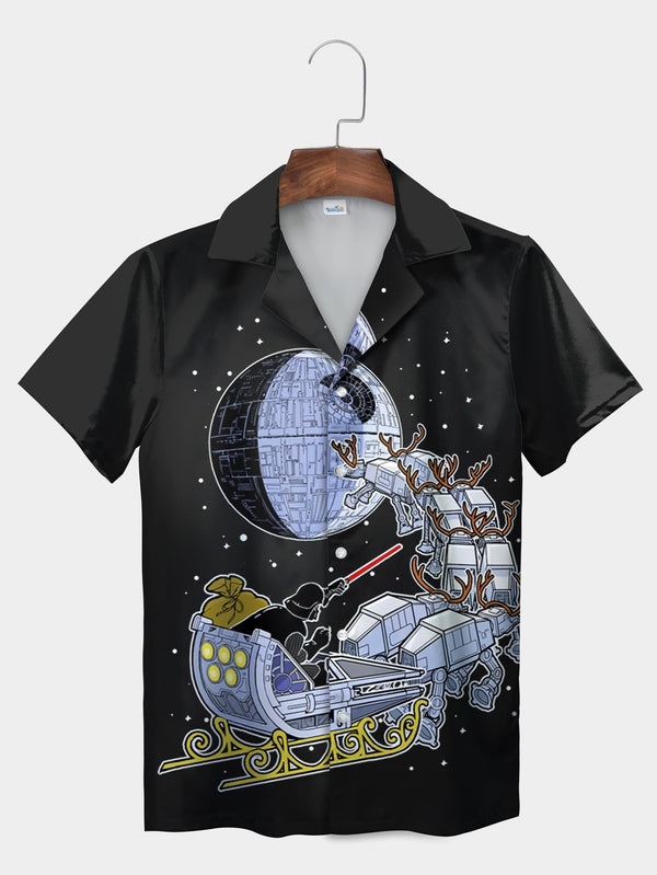 Black Darth Santa Sleigh Death Star Reindeer Short Sleeve Aloha Shirt  Front