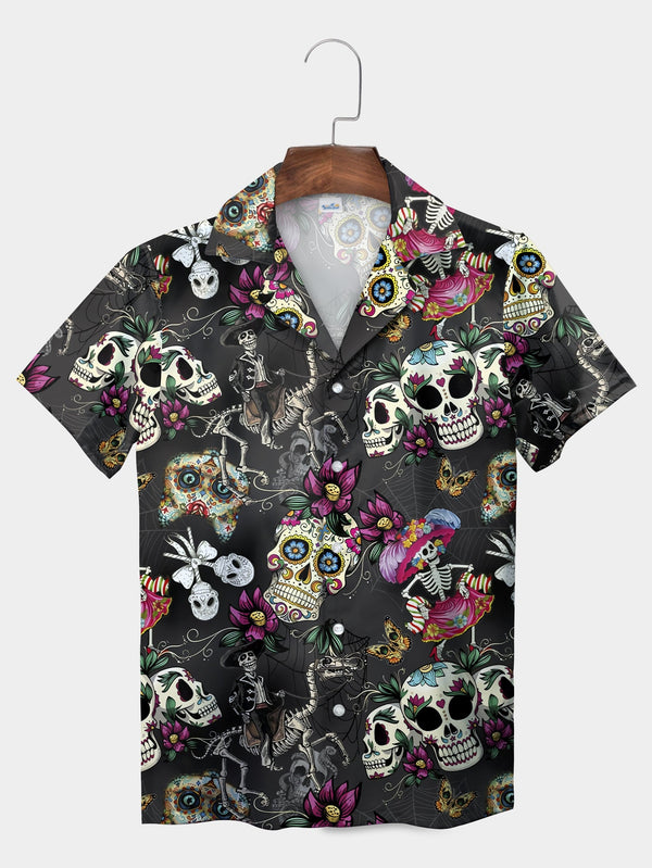 Black Dia De Los Muertos Sugar Skull Art Short Sleeve Hawaiian Shirt  Front