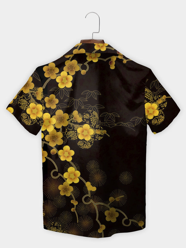 Black Floral Bloom Ukiyo-e Design Short Sleeve Hawaiian Shirt  Back