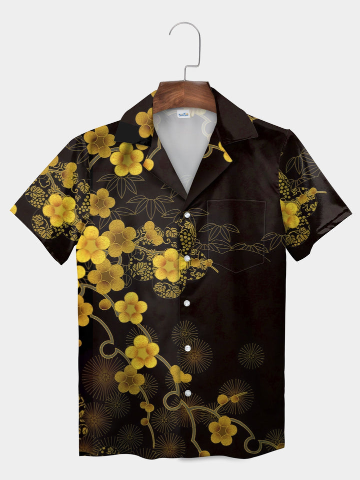 Black Floral Bloom Ukiyo-e Design Short Sleeve Hawaiian Shirt  Front