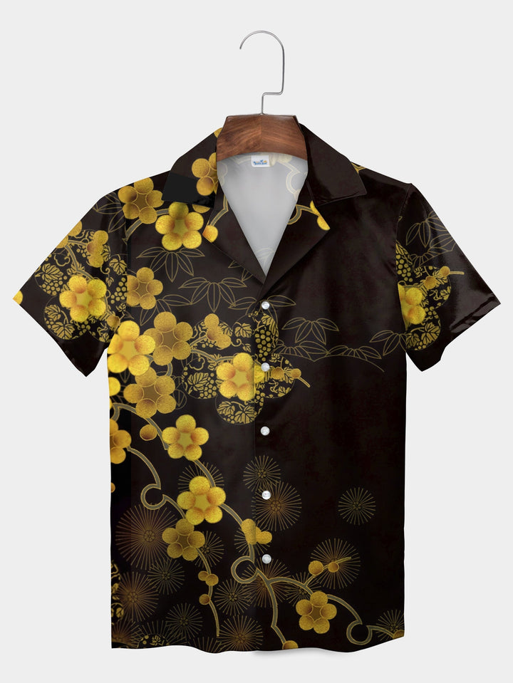 Black Floral Bloom Ukiyo-e Design Short Sleeve Hawaiian Shirt  Pocket