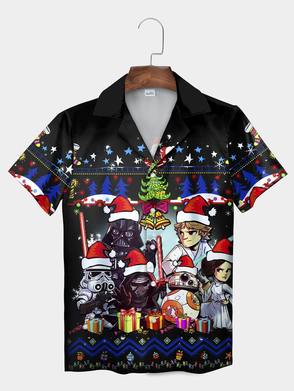 Black Galactic Characters Santa Hats Christmas Short Sleeve Aloha Shirt  Front