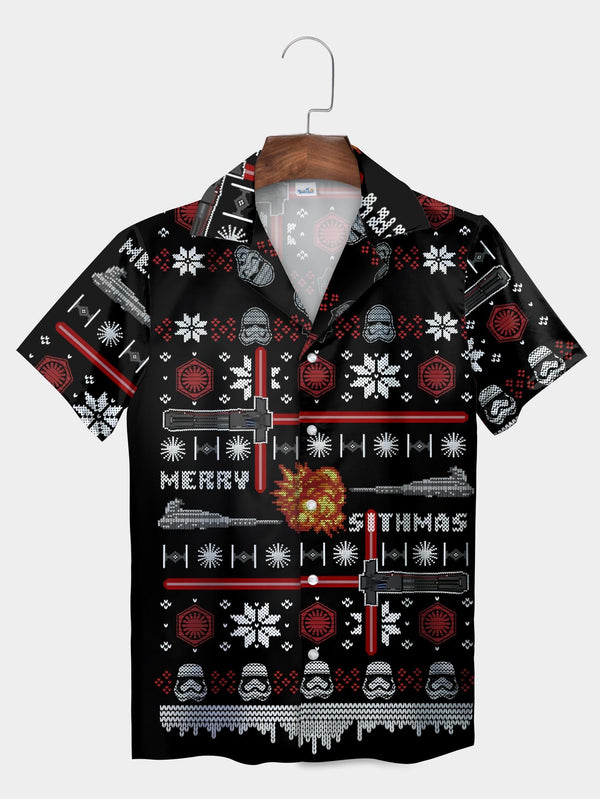 Black Galactic Christmas Lightsaber Battle Short Sleeve Aloha Shirt  Front