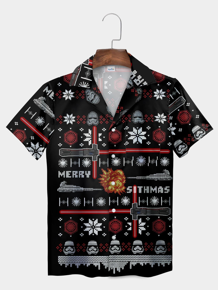 Black Galactic Christmas Lightsaber Battle Short Sleeve Aloha Shirt  Pocket