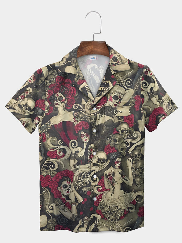 Black Gothic Tattooed Skeleton Roses Art Short Sleeve Hawaiian Shirt  Front