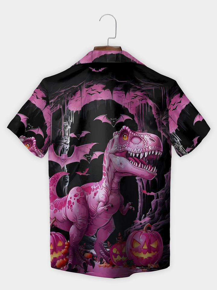 Black Halloween Dinosaur Cave Scene Short Sleeve Hawaiian Shirt  Back