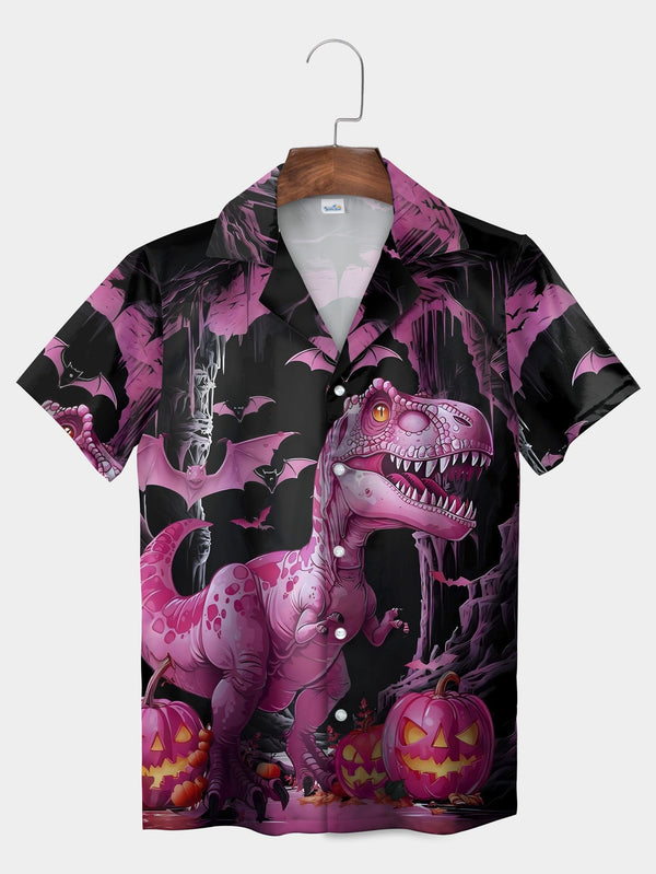 Black Halloween Dinosaur Cave Scene Short Sleeve Hawaiian Shirt  Front