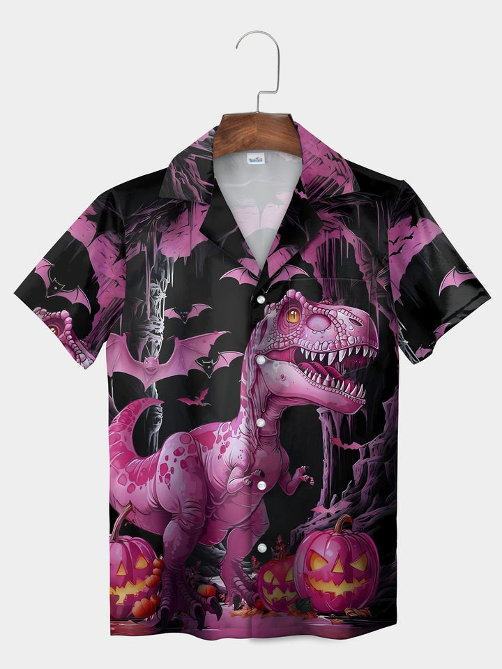 Black Halloween Dinosaur Cave Scene Short Sleeve Hawaiian Shirt  Pocket