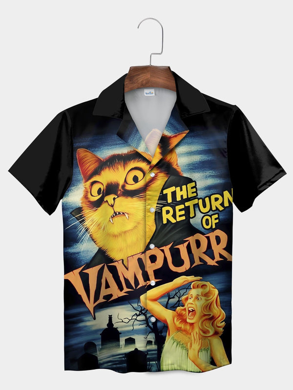 Black Halloween Vampurr Cat Horror Movie Short Sleeve Aloha Shirt  Front