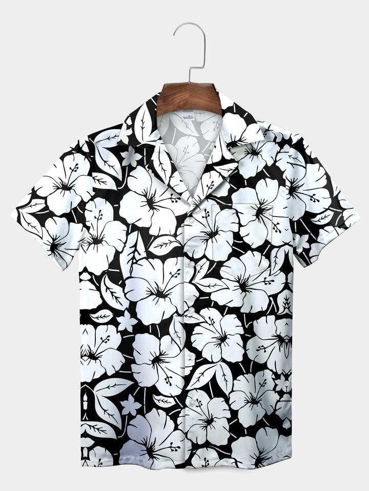 Black Hibiscus Floral Monochrome Short Sleeve Hawaiian Shirt  Front