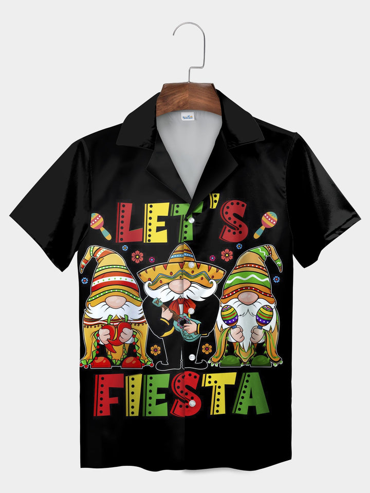 Black Let's Fiesta Gnome Party Theme Short Sleeve Hawaiian Shirt  Front