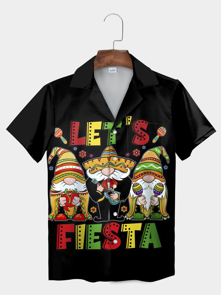 Black Let's Fiesta Gnome Party Theme Short Sleeve Hawaiian Shirt  Pocket