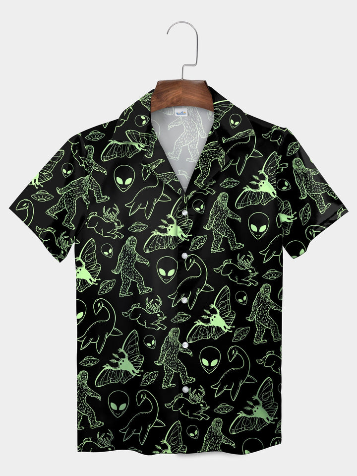 Black Mythical Alien Bigfoot Cryptid Short Sleeve Hawaiian Shirt  Pocket